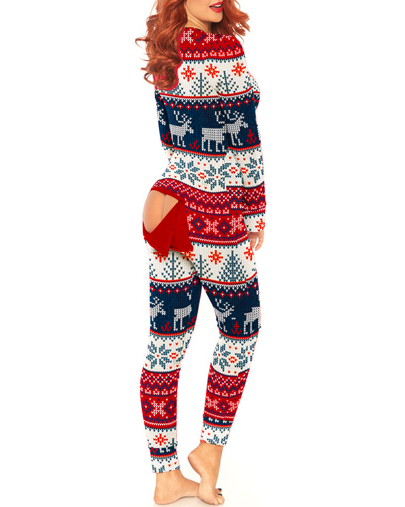 

Christmas Snowflake Elk Print Functional Buttoned Flap Adult Onesie, Multicolor