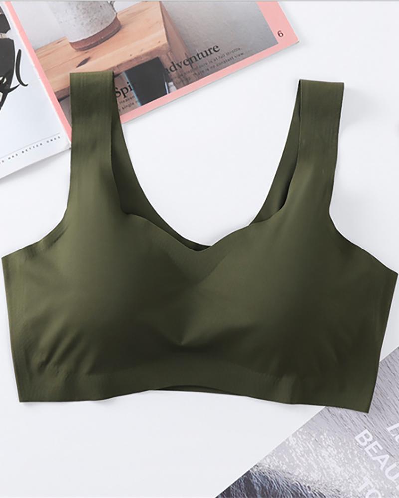 

V-Neck Breathable Seamless Plain Bralette, Green