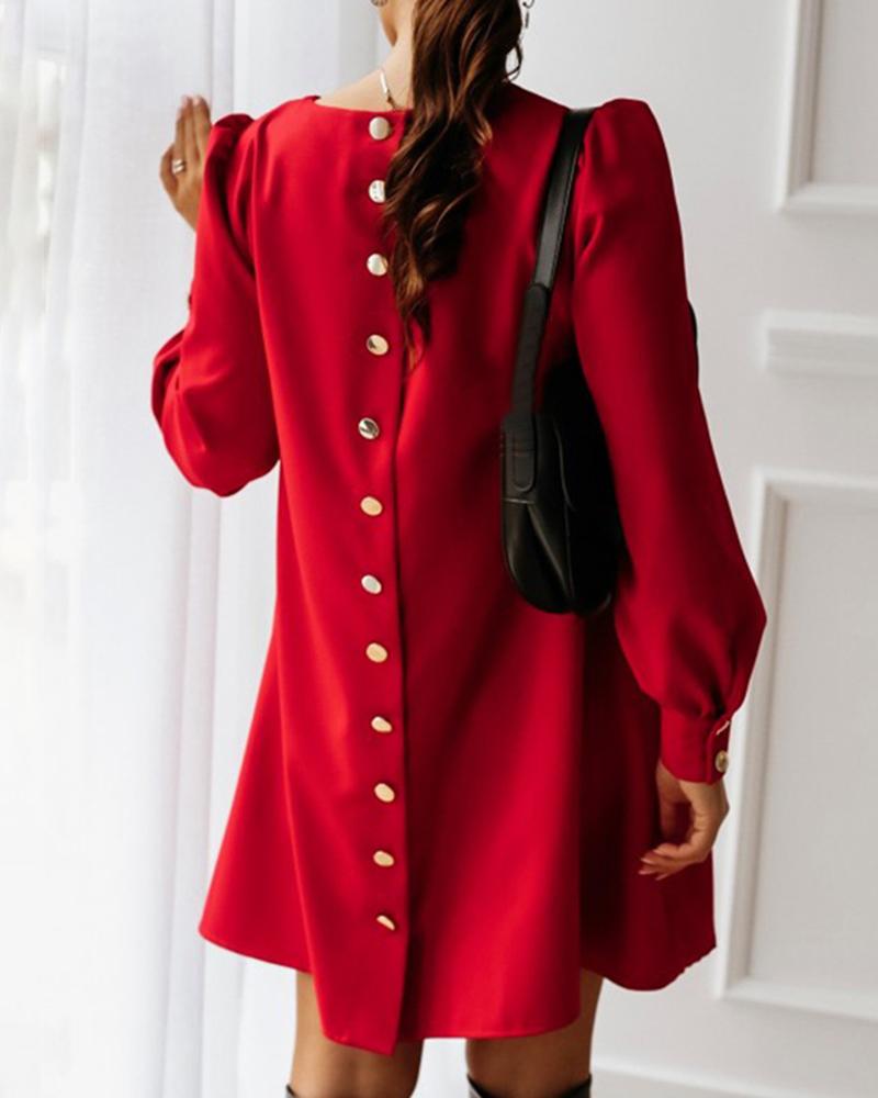 

Solid Button Design Casual Mini Dress, Red