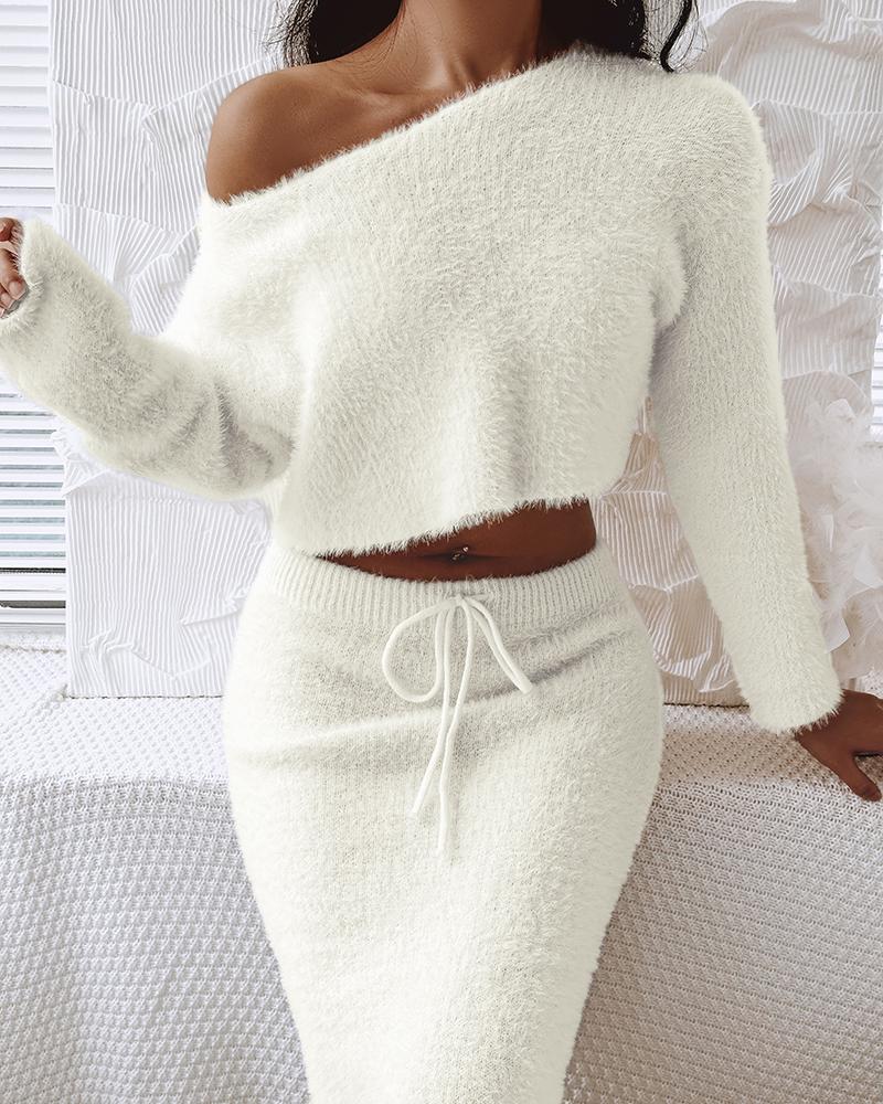 

Skew Neck Fuzzy Knit Sweater & Skirt Set, Beige