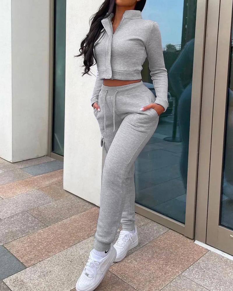 

Zipper Up Crop Tee & Drawstring Pocket Design Pants Set, Gray