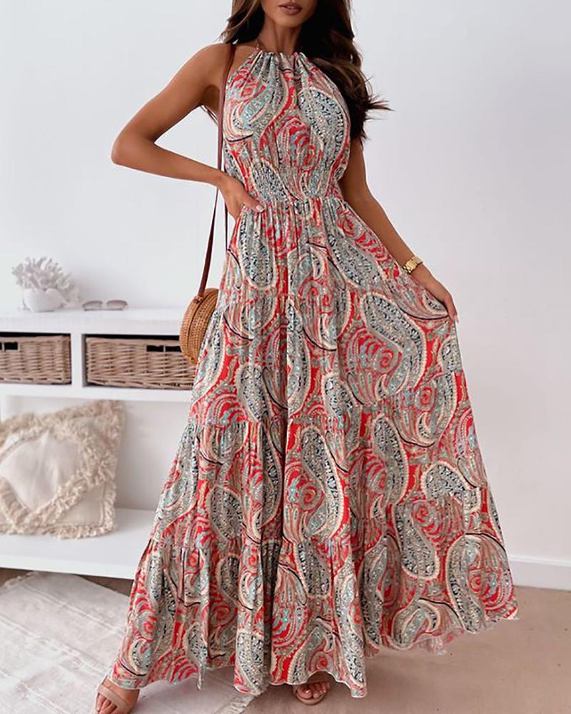 

Paisley Print Sleeveless Ruched Maxi Dress, Red