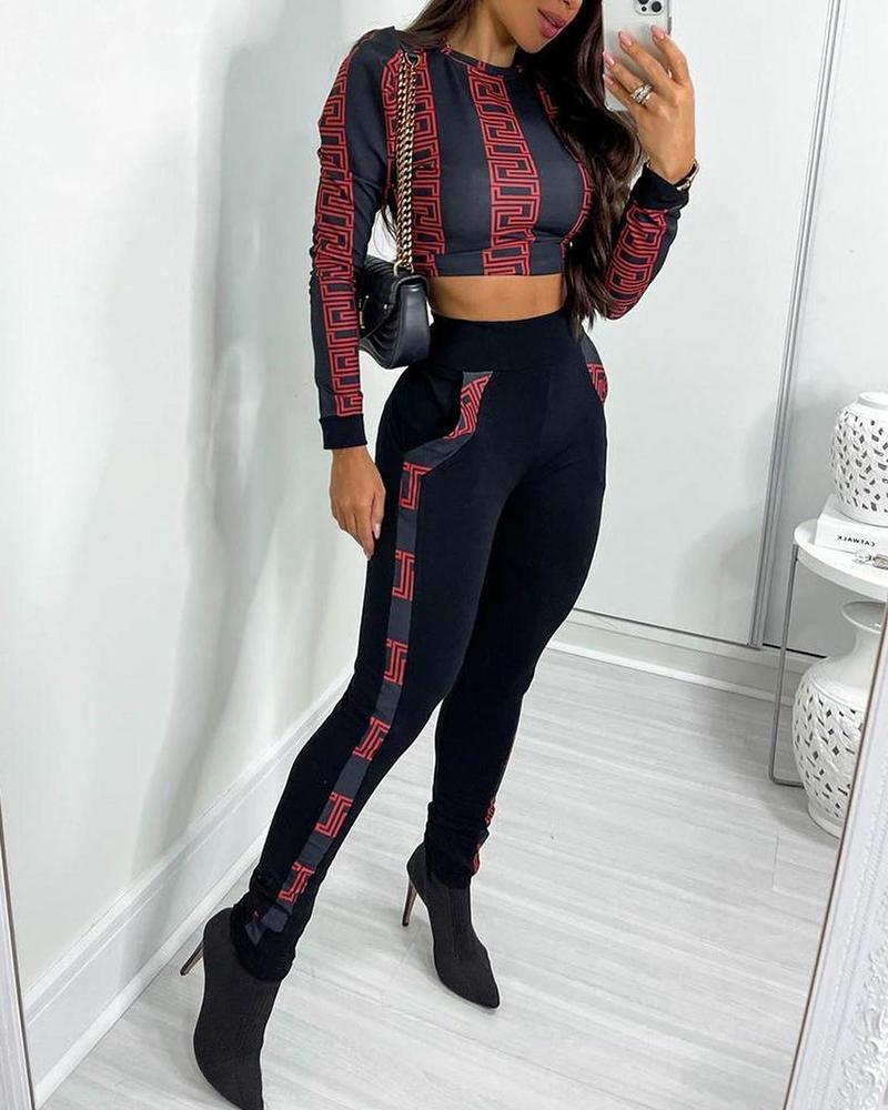 

Geo Print Long Sleeve Crop Top & Pants Set, Black