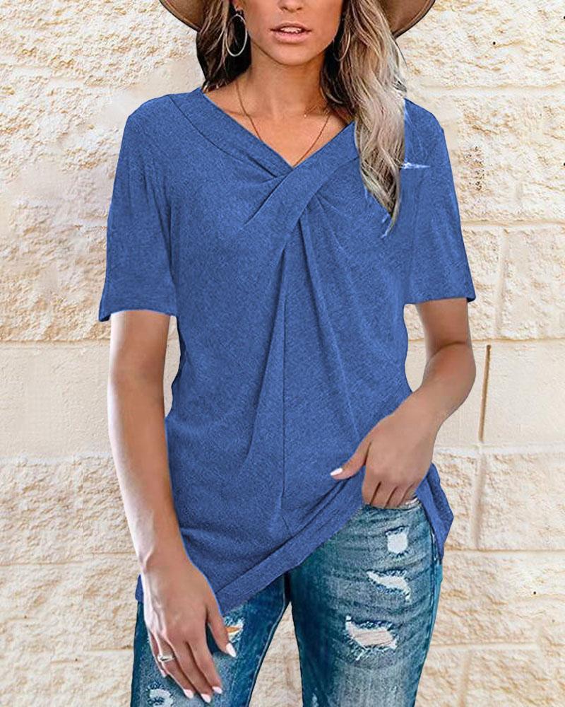 

Twist Design V-Neck Casual T-shirt, Blue