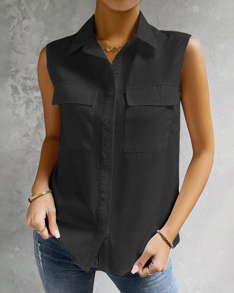 

Pocket Design Turn Down Collar Shirt, Black