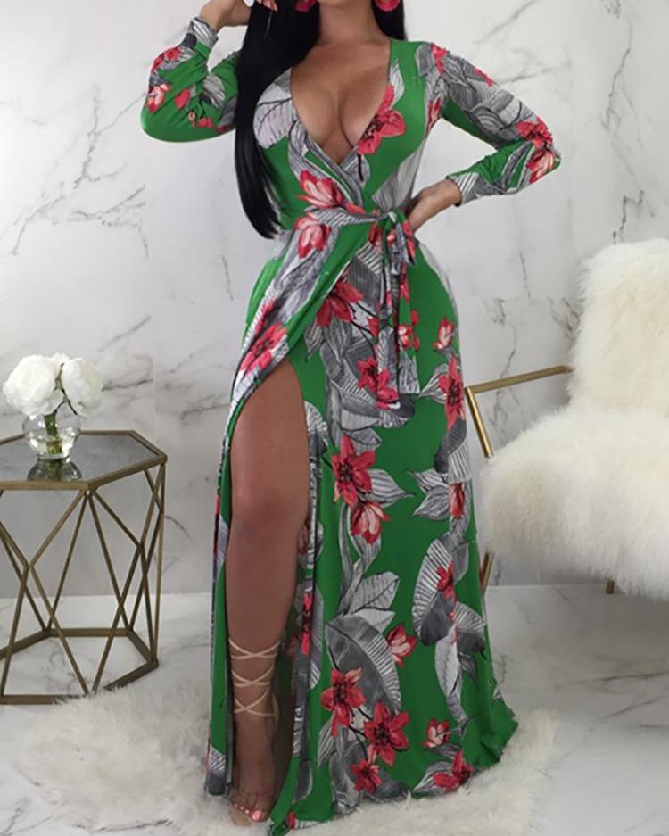 Floral Print Thigh Slit Wrap Maxi Dress