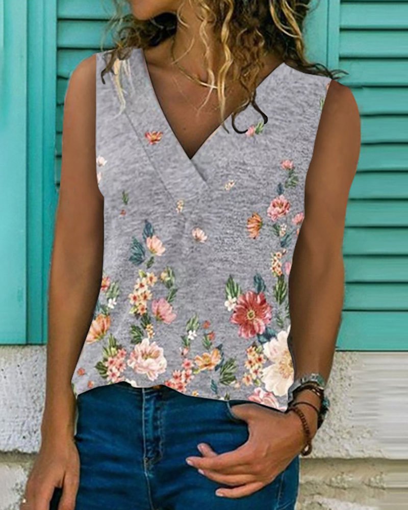 

Floral Print V Neck Casual Tank, Gray