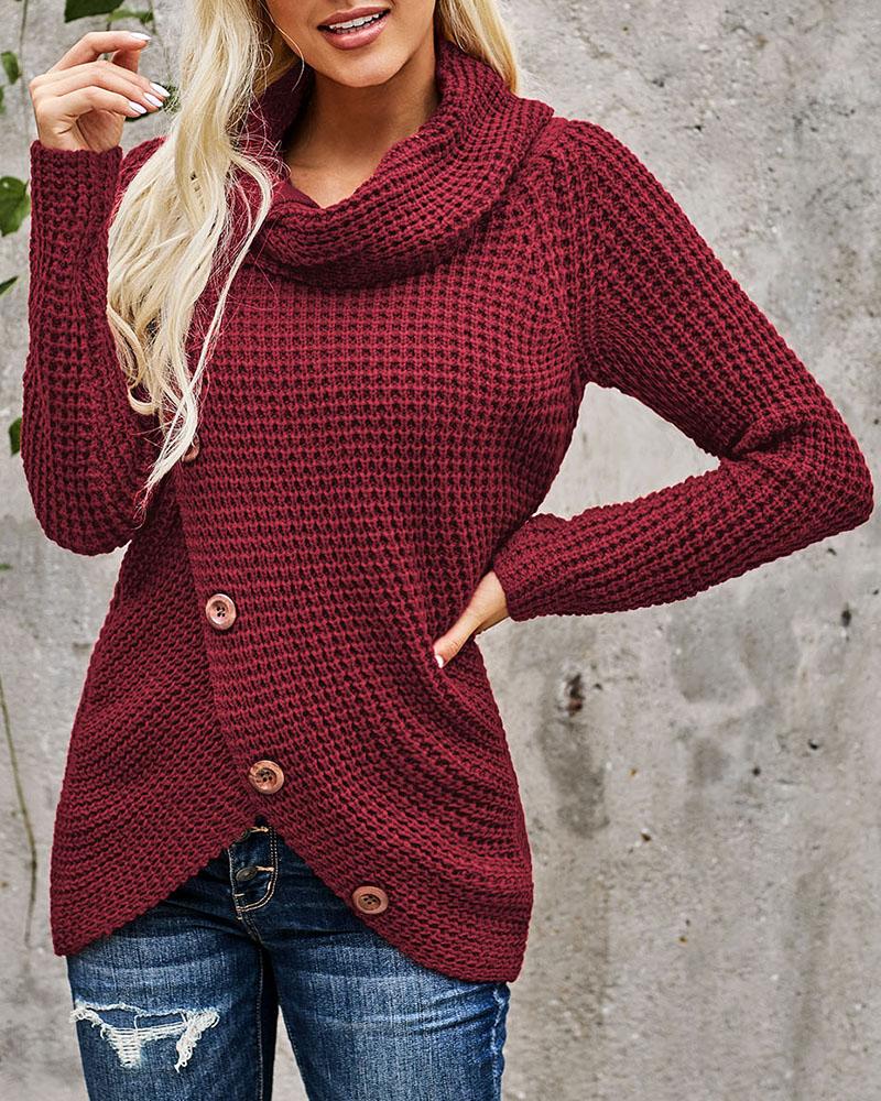 Strap Decor Mock Neck Buttoned Asymmetrical Sweater