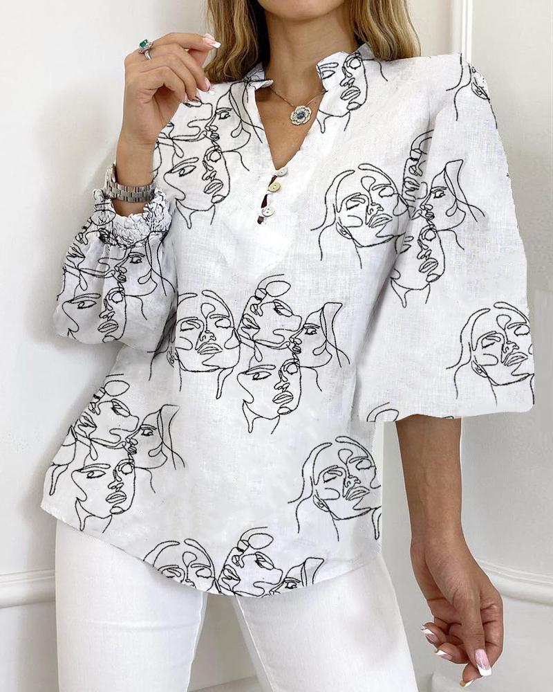 

Abstract Figure Print Lantern Sleeve Buttoned Top, White