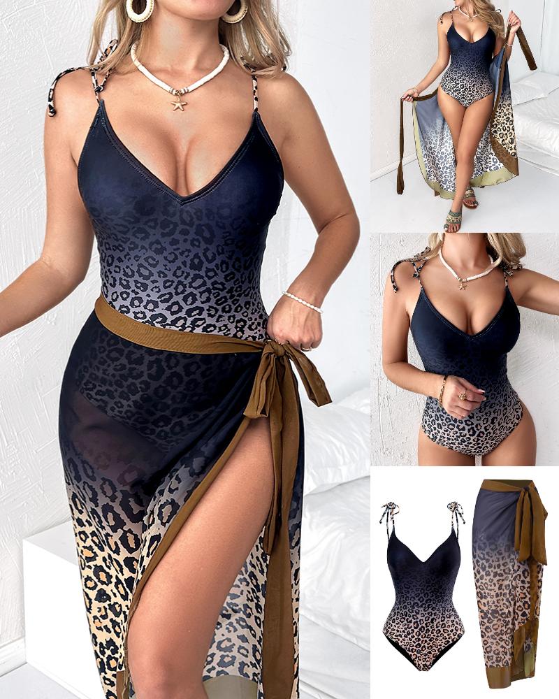 

Leopard Ombre Print One-Piece Swimsuit With Cover Up