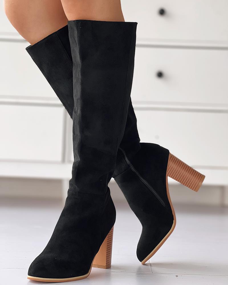 

Chunky Heel Side Zip Calf Boots, Black