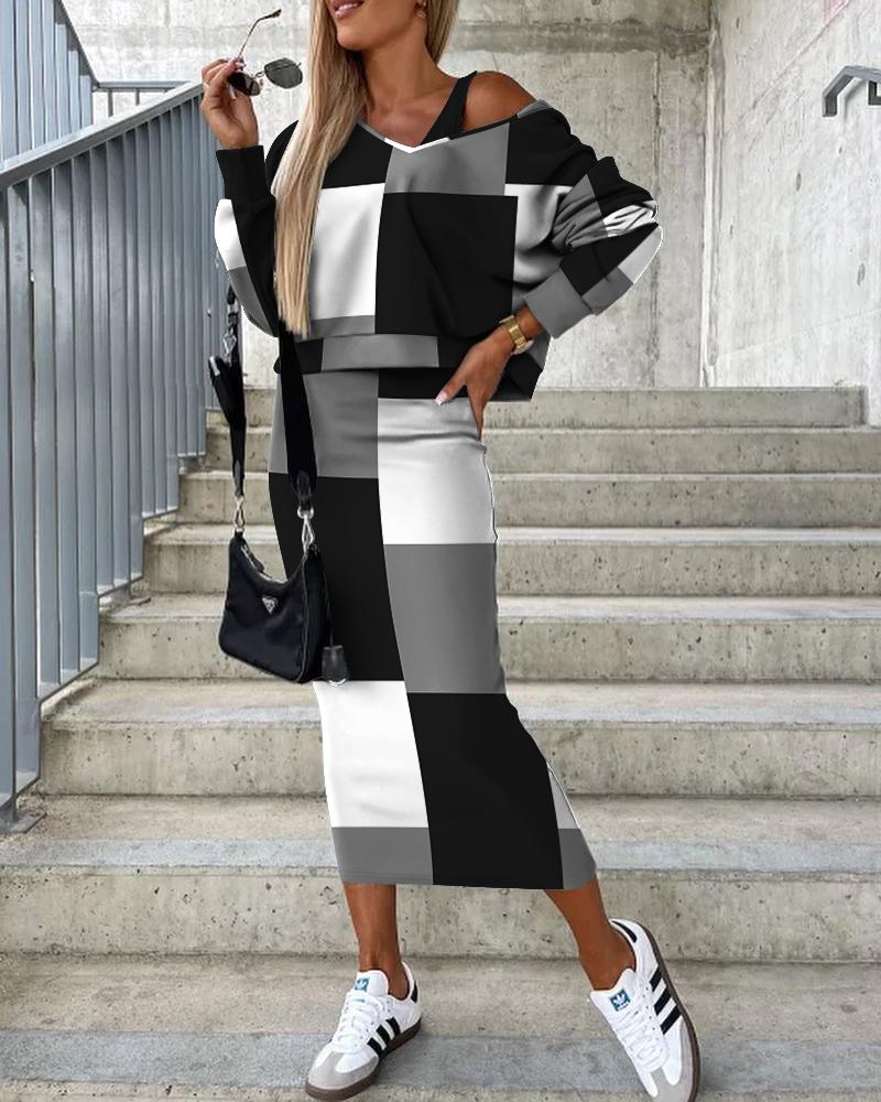 

Geometric Print Colorblock Sleeveless Dress & Long Sleeve Top Set, Black
