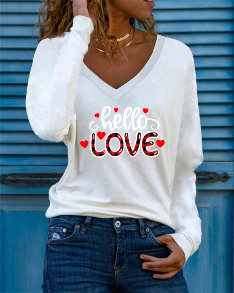 

Love Heart Print Long Sleeve V-Neck Top, White