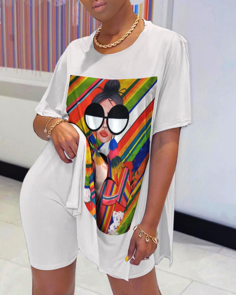 

Figure Print Short Sleeve Slit Top & Shorts Set, White