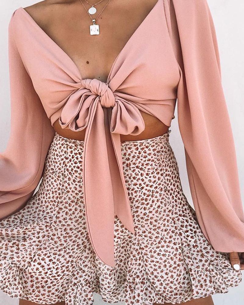 

Plain Lantern Sleeve Knotted Design Shirt, Pink