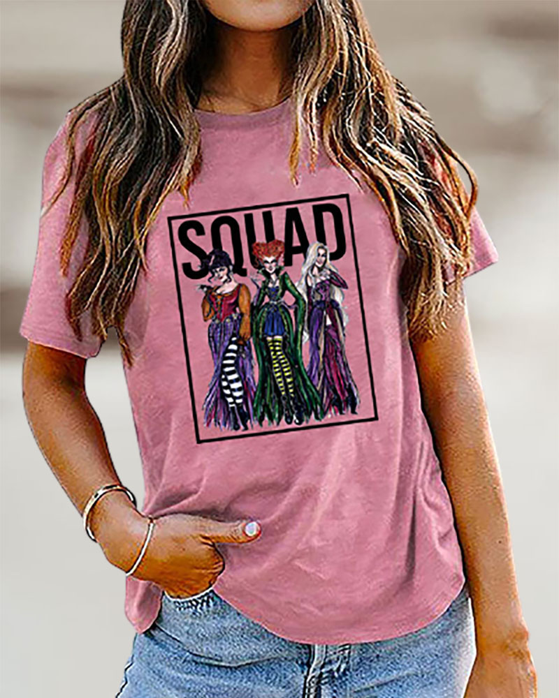 

Halloween Short Sleeve Graphic Letter Print Top, Pink