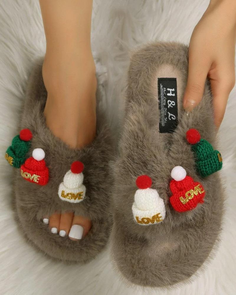 

Christmas Hat Letter Pattern Fluffy Slippers, Khaki