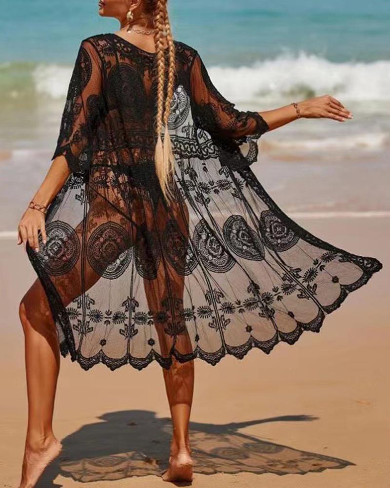 

Short Sleeve Geometric Pattern Lace Cover Up, Black
