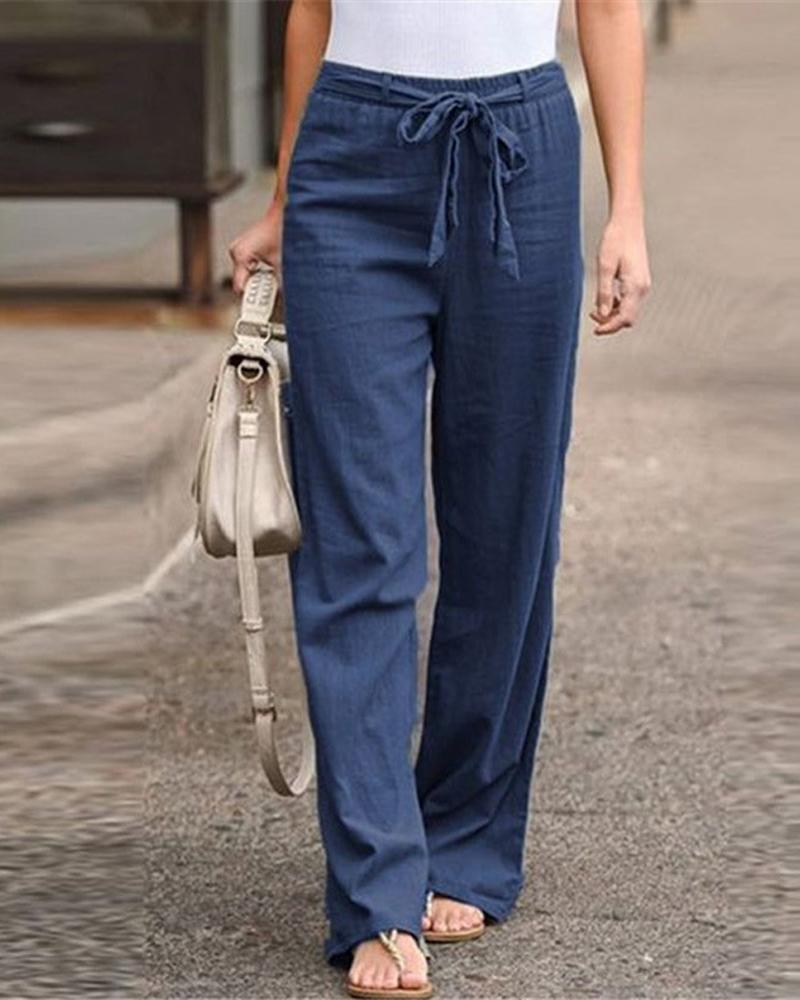 

Tied Detail Straight Leg Pants, Purplish blue
