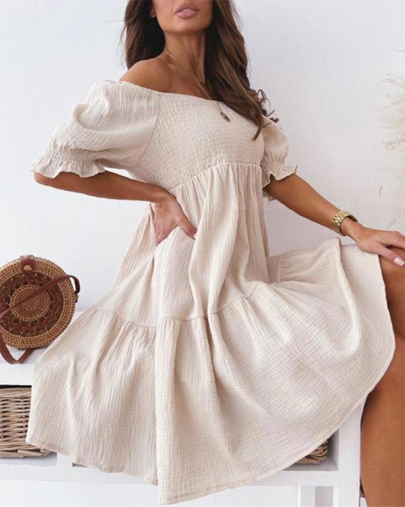 Off Shoulder Puff Sleeve Shirred Swing Dress