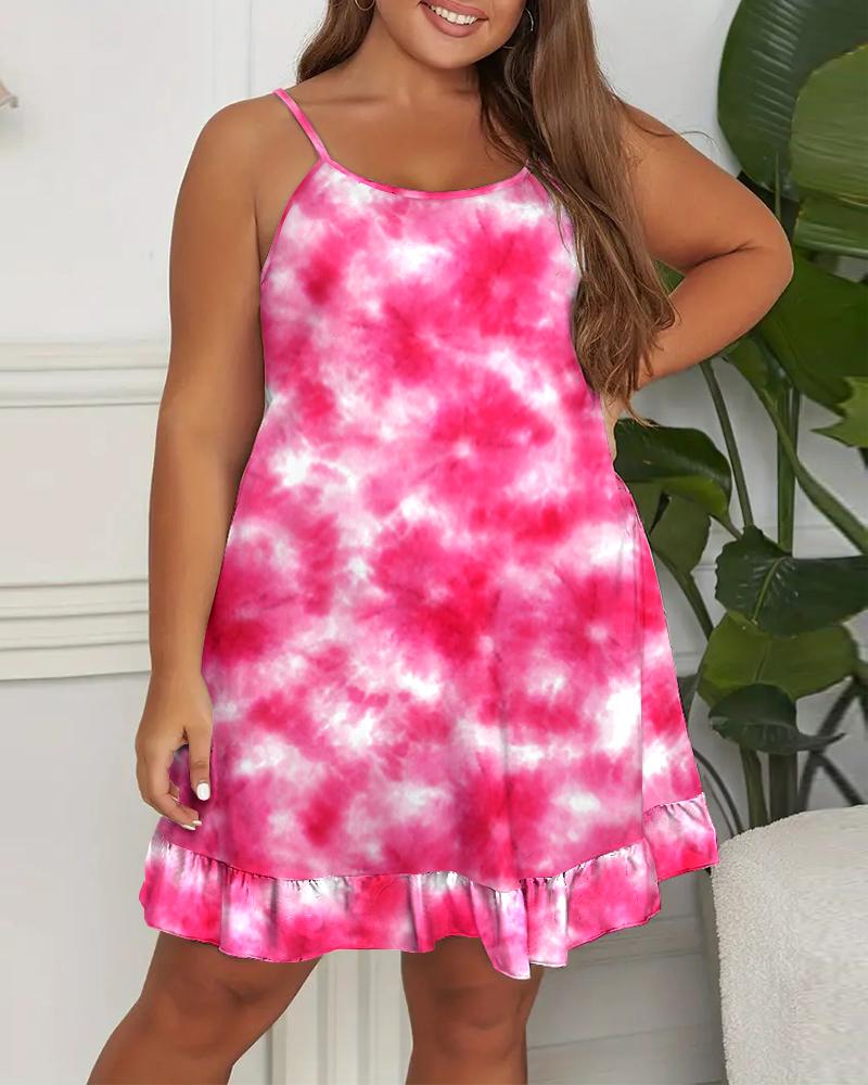 

Plus Size Pink Tie Dye Print Ruffle Hem Sleep Dress