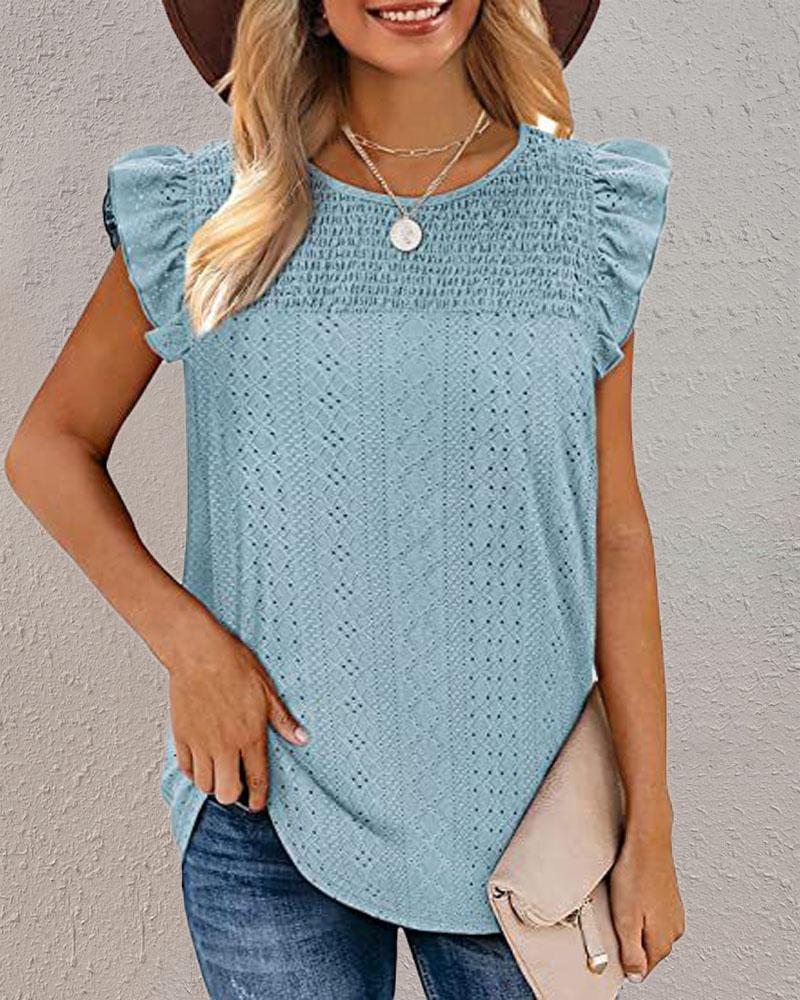 

Eyelet Embroidery Ruffle Hem Shirred Tank Top, Blue