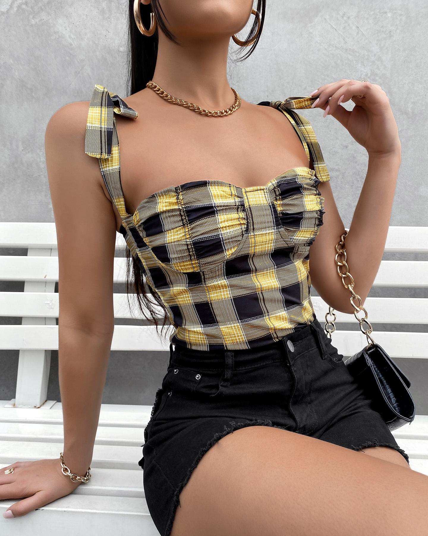 

Plaid Colorblock Ruched Tied Detail Top, Yellow