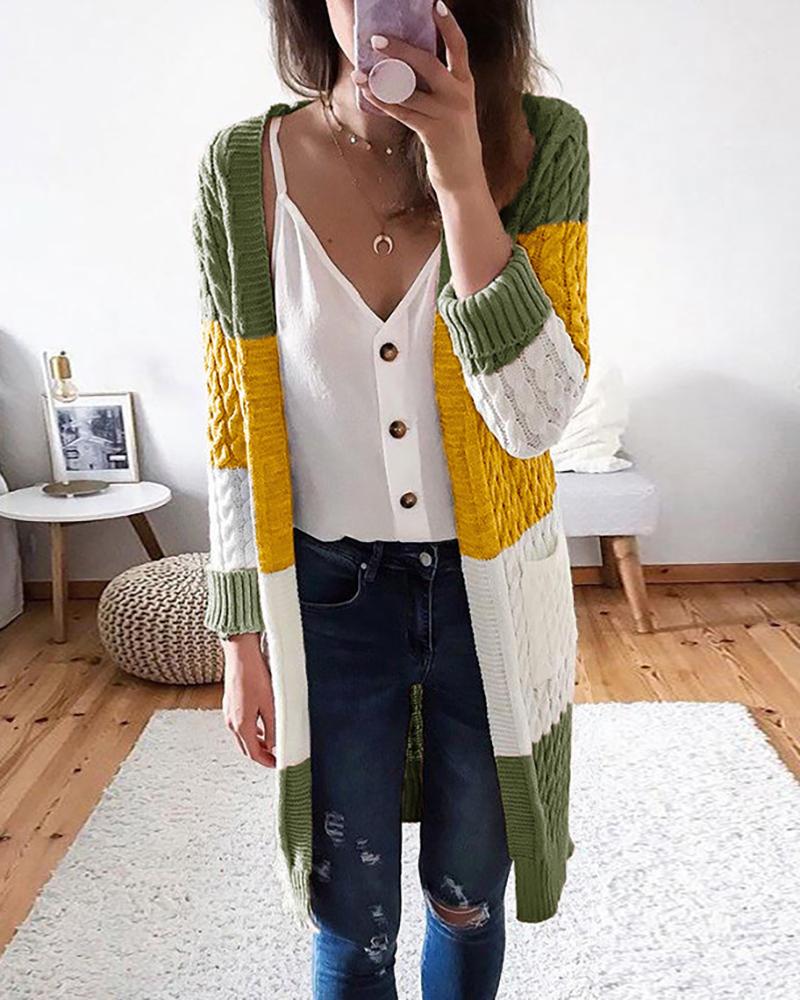 

Knit Long Sleeve Colorblock Braided Cardigan, Army green