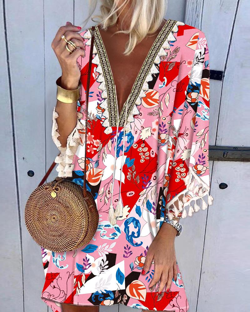 

Plants Print Tassel Decor Casual Dress, Multicolor