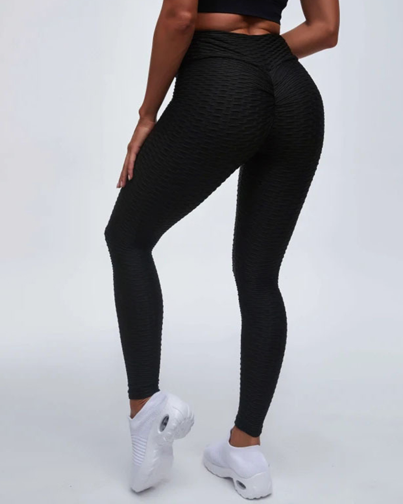 

Plain High Waist Textured Elastic Sports Leggings, Black