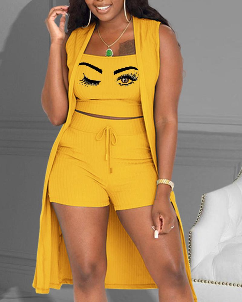 

3PCS Eyes Print Ribbed Crop Top & Shorts Set With Vest Cardigan, Yellow