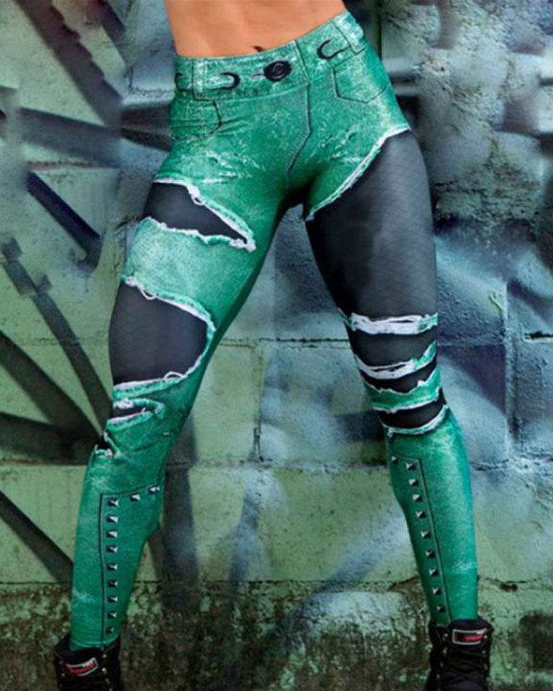 

Denim Look Print High Waist Butt Lift Leggings, Green