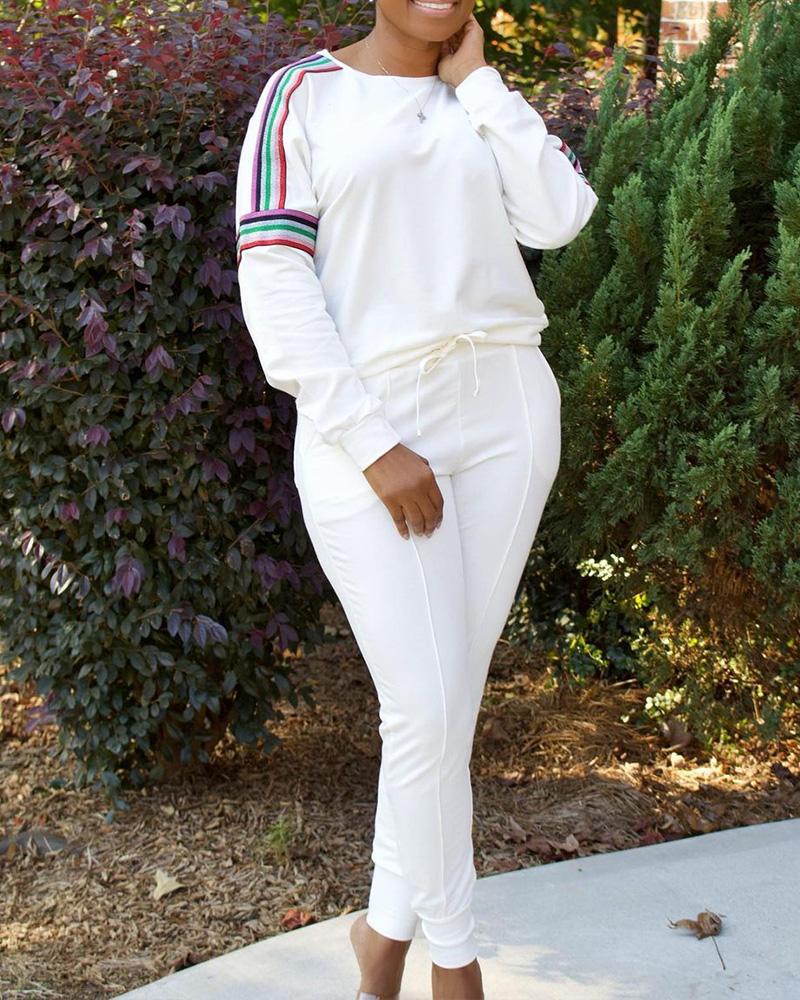 

Striped Tape Patch Casual Top & Drawstring Pants Set, White