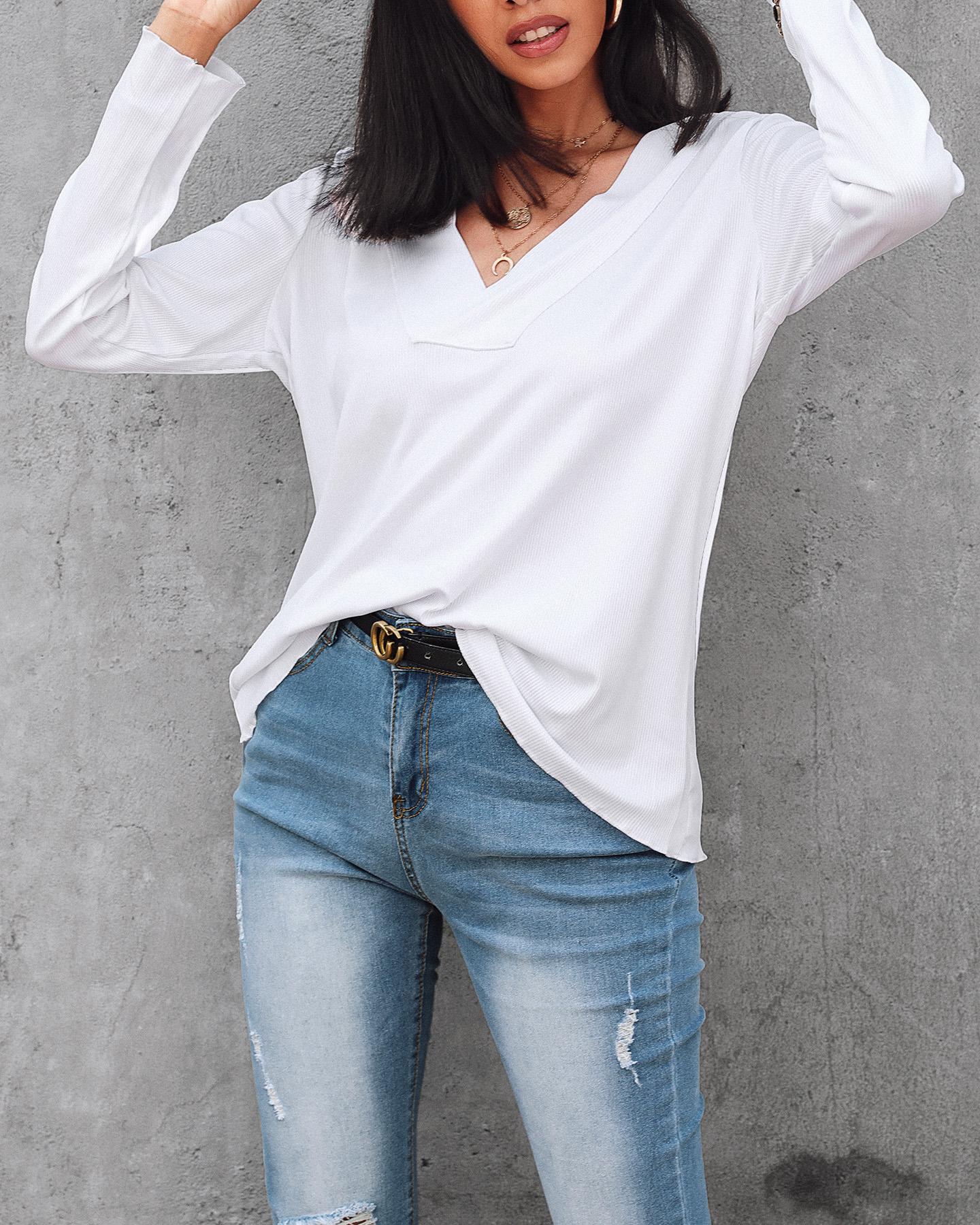 

V-Neck Long Sleeve Casual Top, White