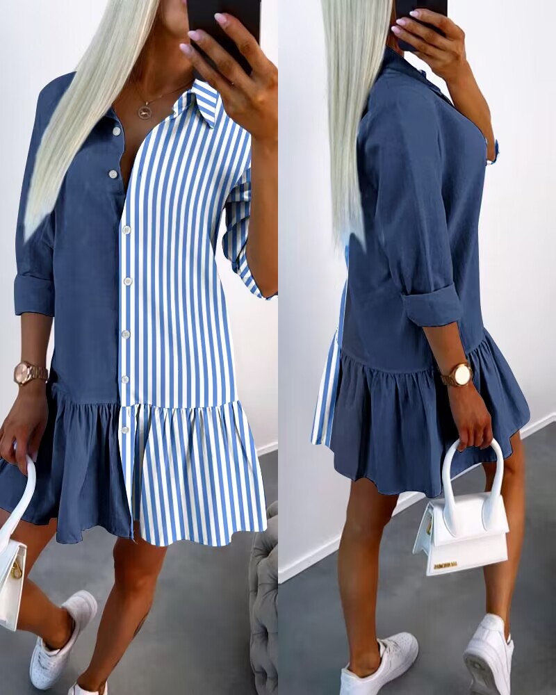 

Striped Colorblock Buttoned Ruffle Hem Shirt Dress, Blue