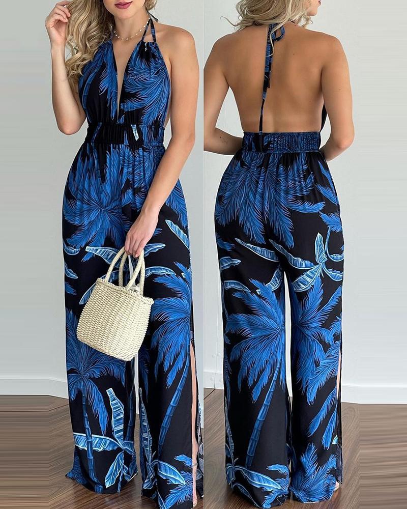 

Tropical Print Halter V Neck Jumpsuit, Purplish blue