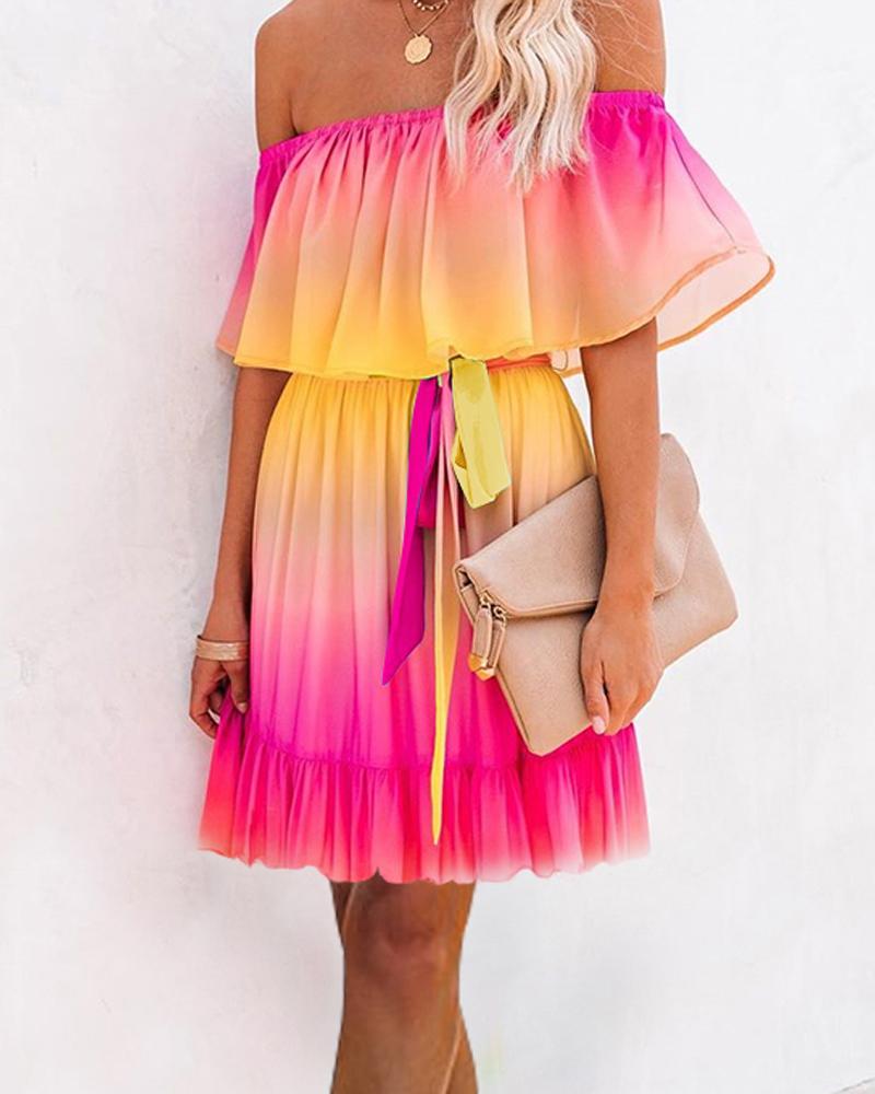 

Tie Dye Print Off Shoulder Ruffle Hem Casual Dress, Multicolor