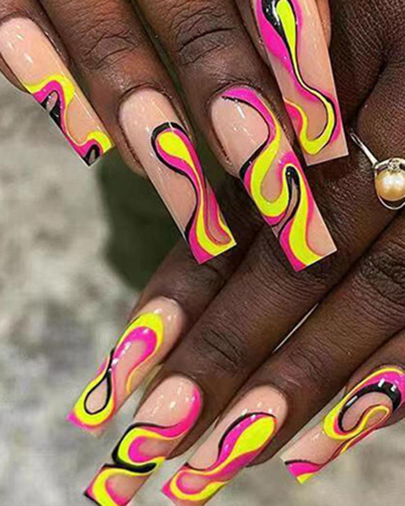

24pcs Abstract Swirls Design Press On Fake Coffin Nails Set, Multicolor