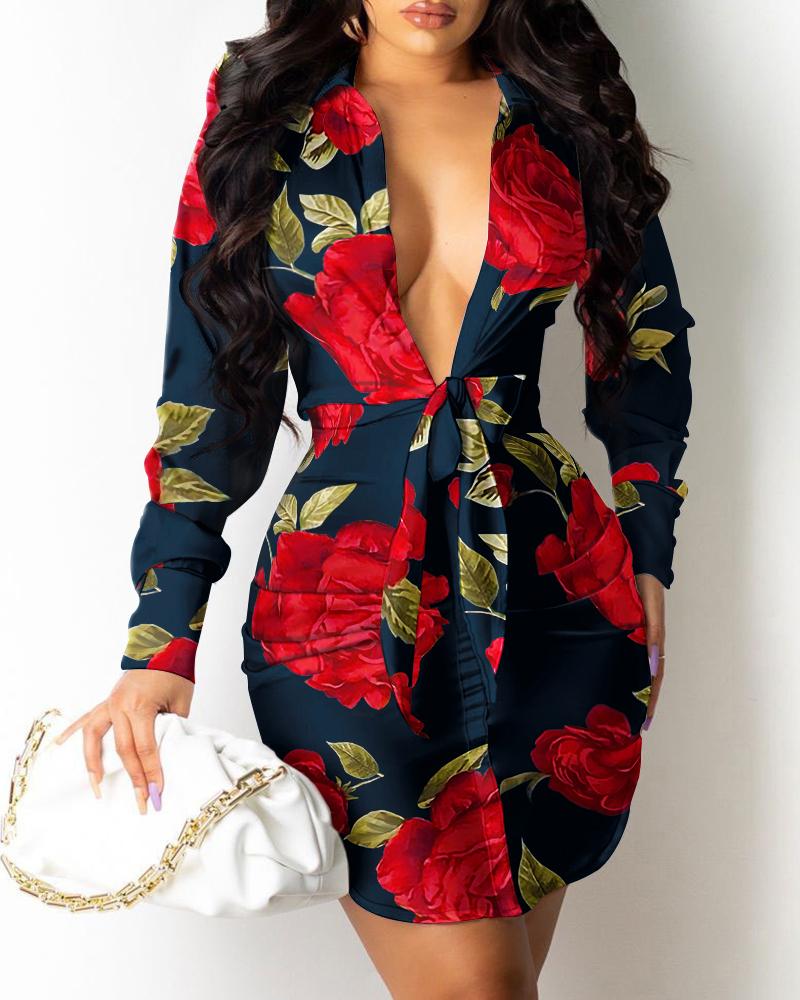 

Floral Print Plunging Knot Tie Shirt Dress, Black