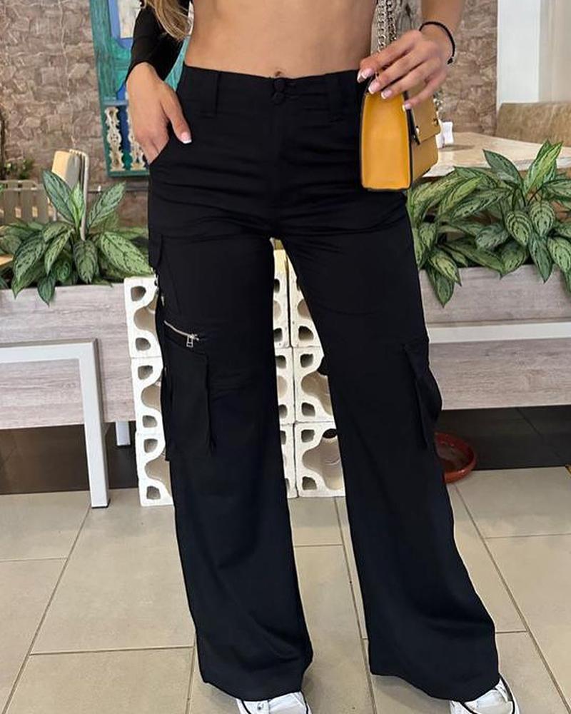 

High Waist Wide Leg Cargo Pants, Black