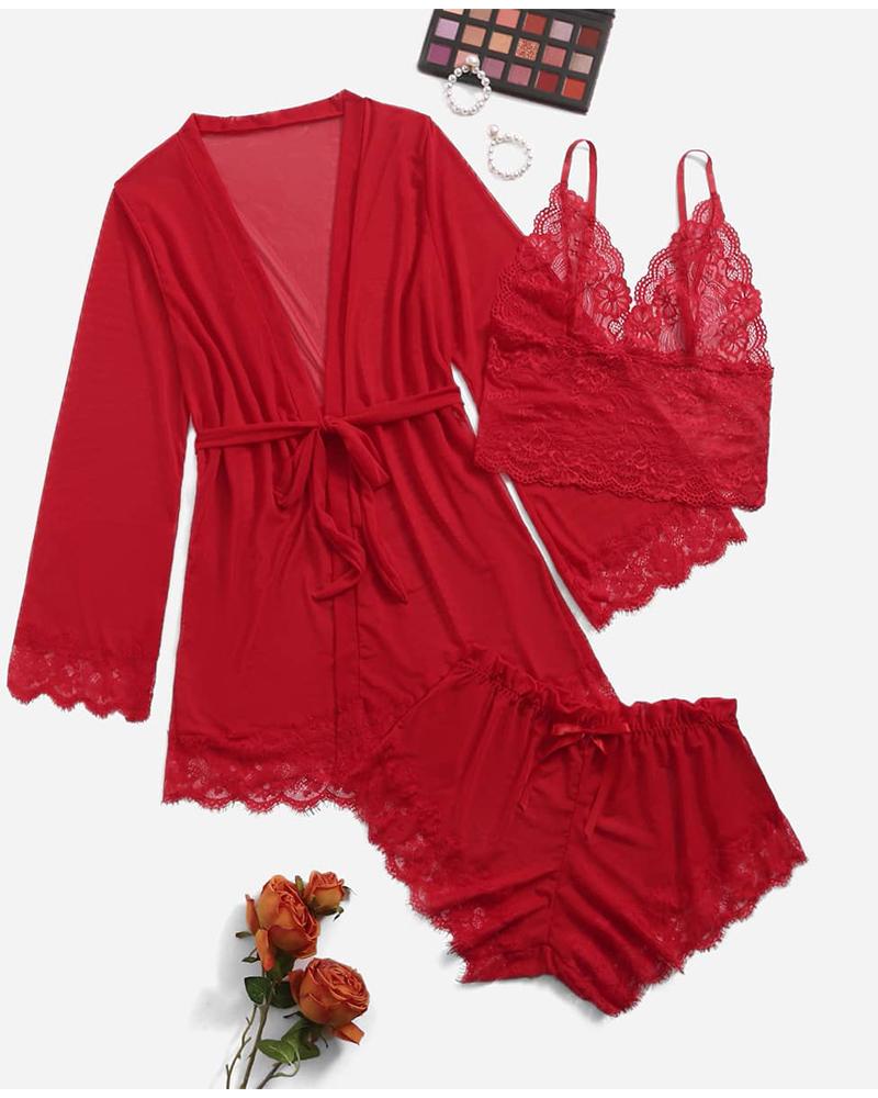 

3PCS Bowknot Decor Lace Cami Set With Belted Robe, Red