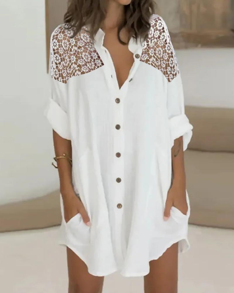 

Crochet Lace Patch Buttoned Shirt Dress, White
