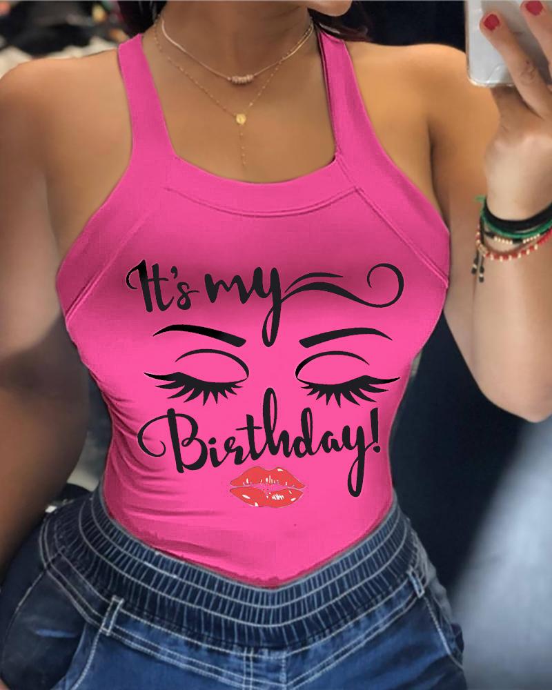 

Lip Letter Figure Print Backless Casual Top, Rose red