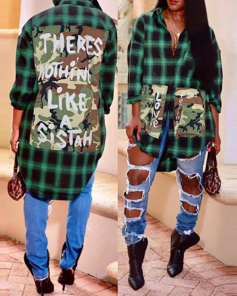 

Plaid Camouflage Letter Print Buttoned Casual Shirt, Green