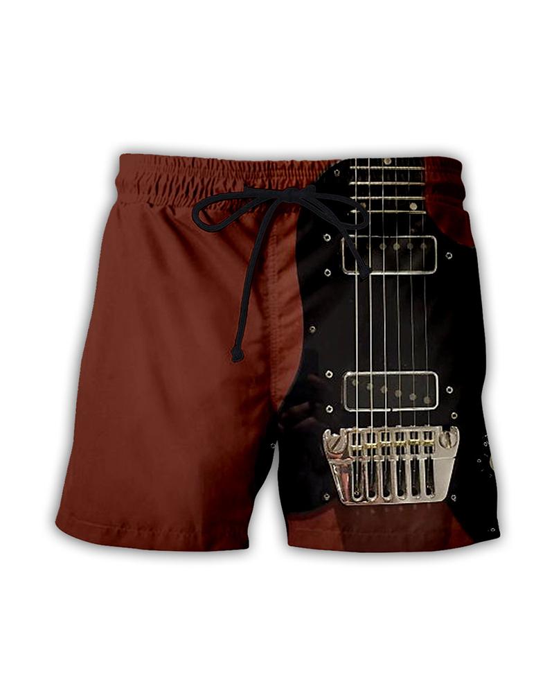 

3D Guitar Pattern Print Drawstring Straight Short Pants, Multicolor