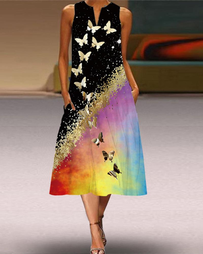 

Butterfly Tie Dye Print Sleeveless Casual Dress, Black