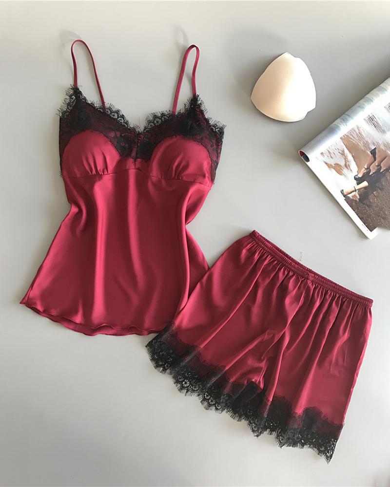 

Eyelash Crochet Lace Patch Satin Cami Set, Wine red