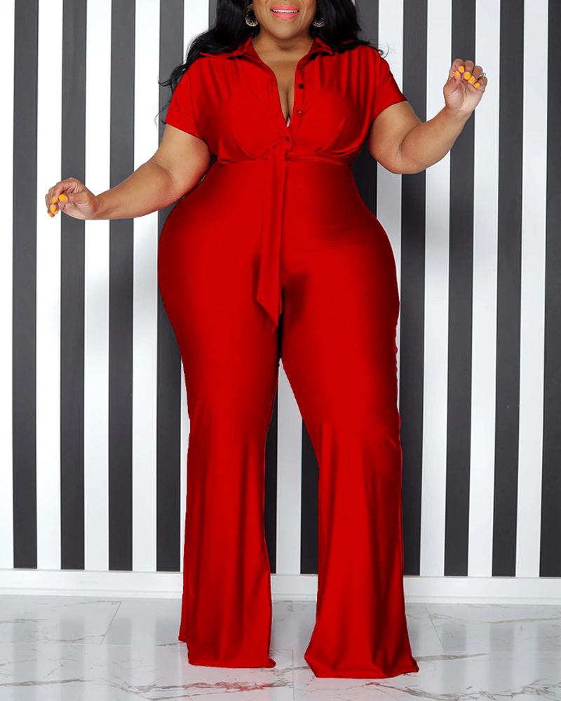 

Plus Size Button Front Belted Jumpsuit, Red