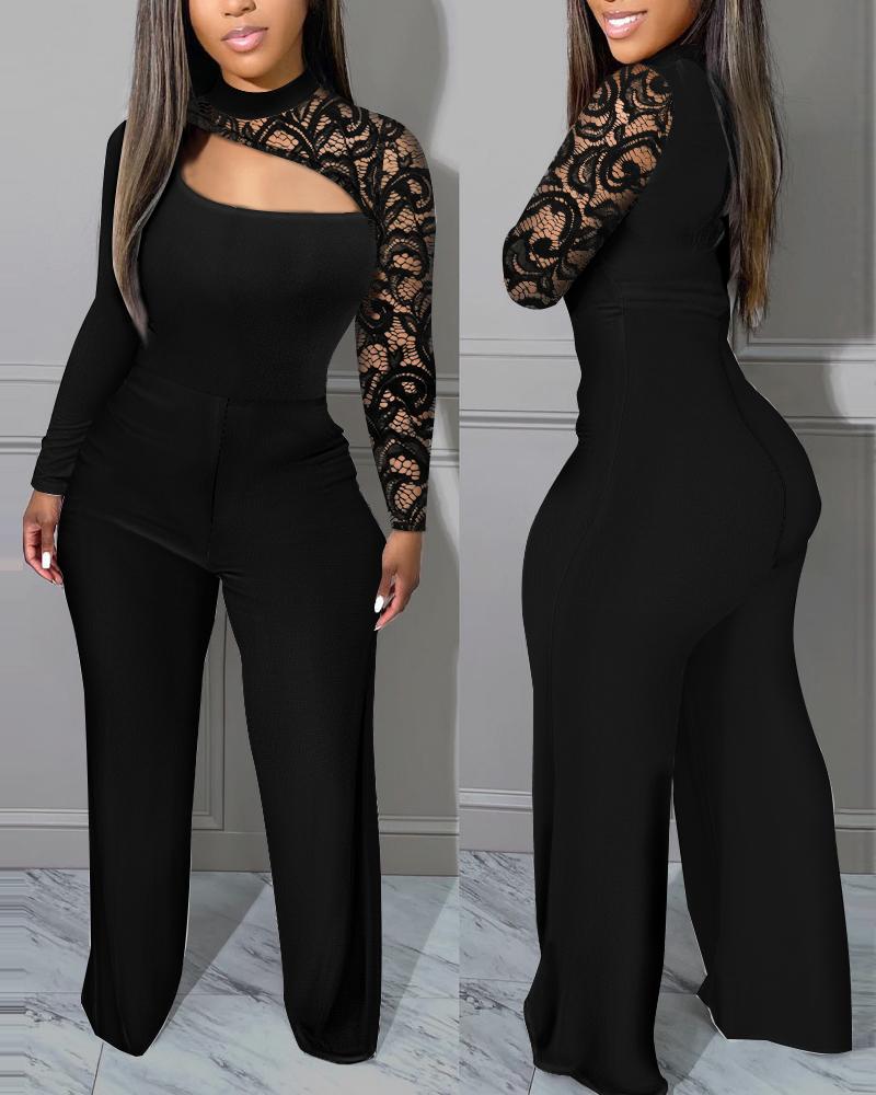 

Contrast Lace Long Sleeve Cutout Jumpsuit, Black