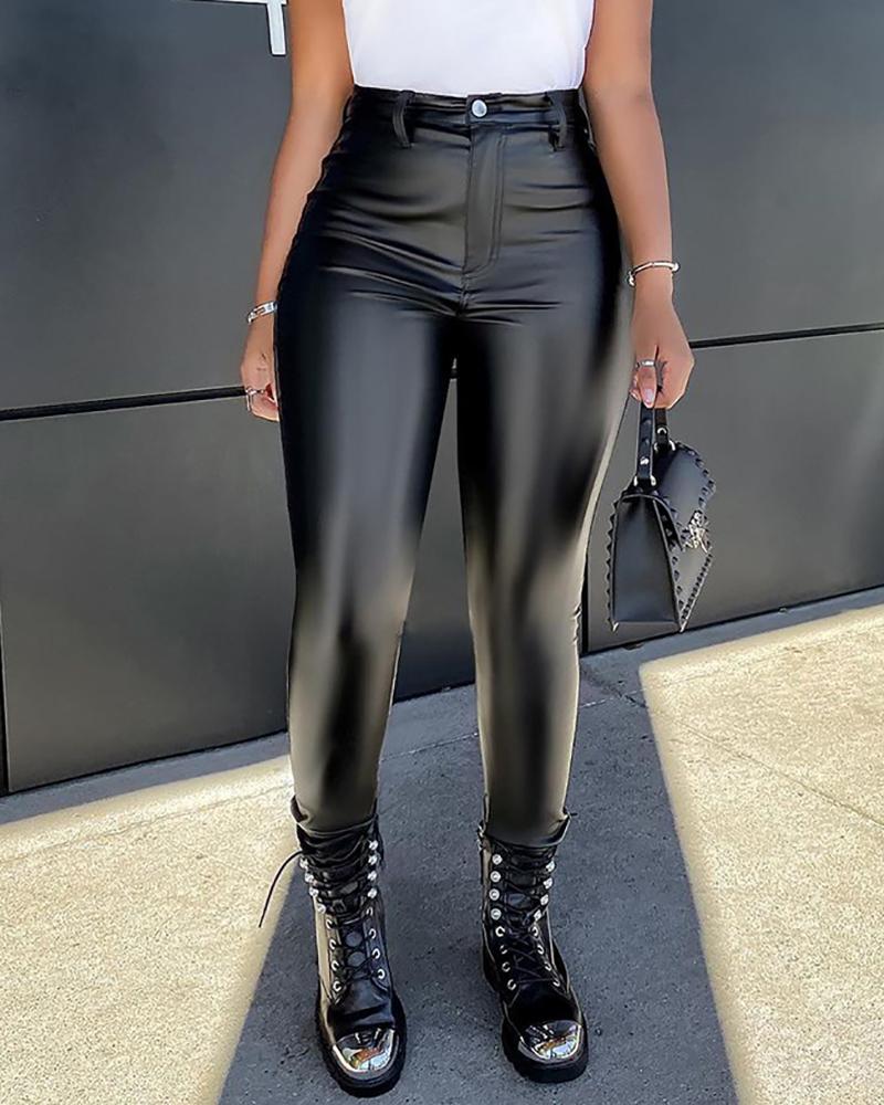 

High Waist Single Button PU Leather Pants, Black